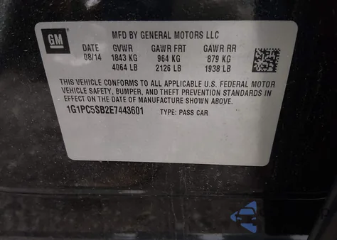 2014 Chevrolet Cruze 1Lt Auto from USA, damaged, VIN 1G1PC5SB2E7443601